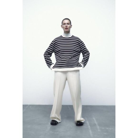 Zara Black White Striped Rib Trim Long Sleeve Mock Neck Pullover Sweater (NWT) - Picture 3 of 10